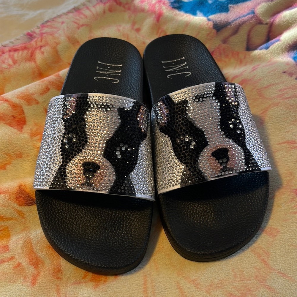French bull dog jeweled sandals, size 5, I.C.N.